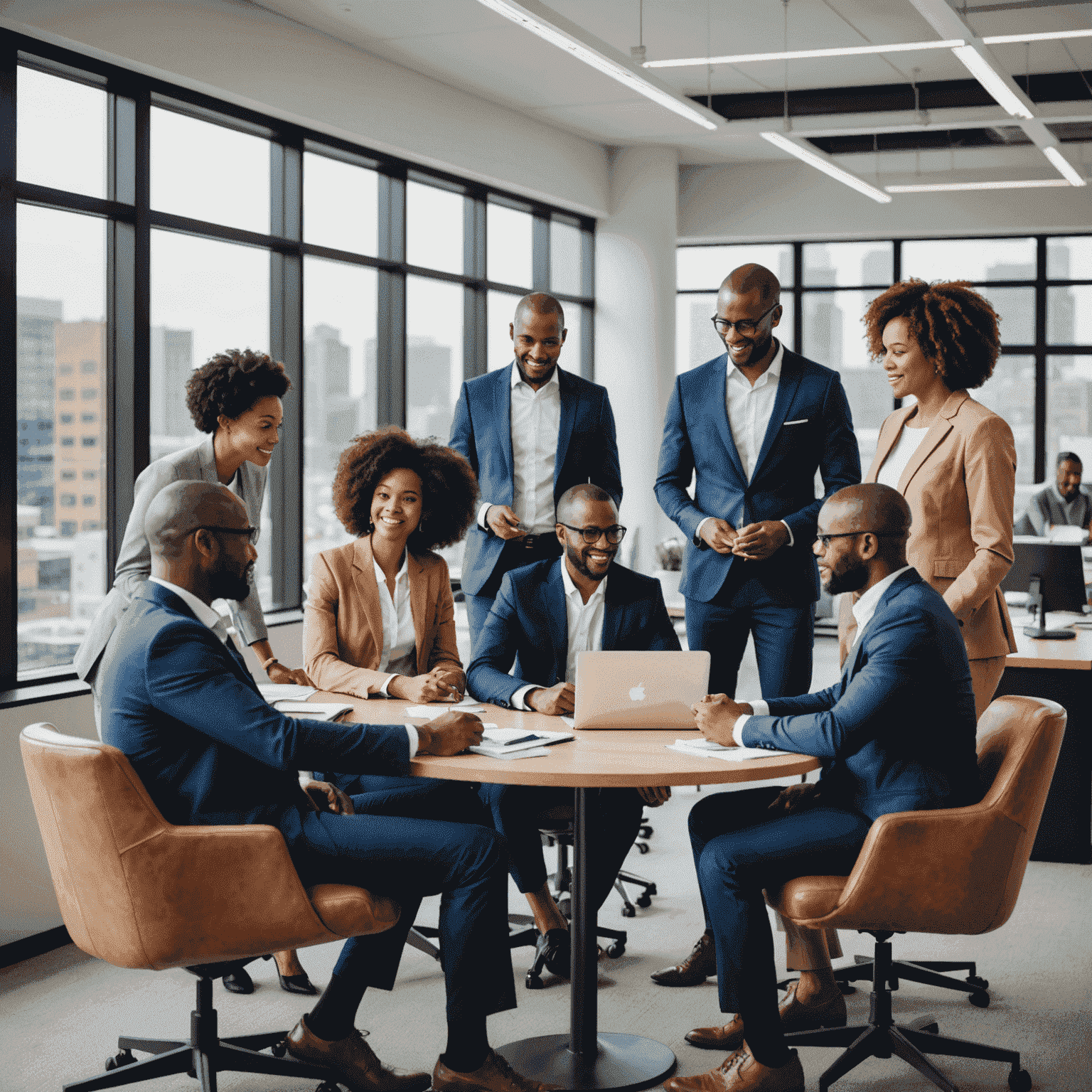 A group of diverse South African financial consultants collaborating in a modern office space