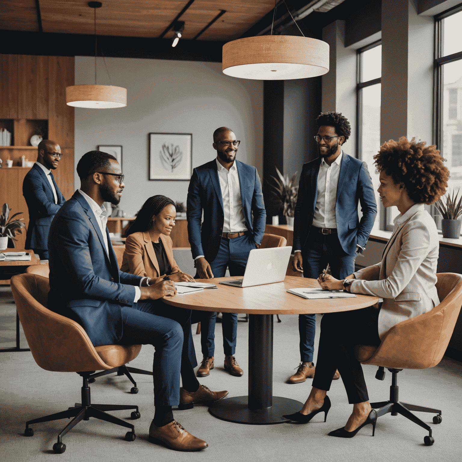 A group of diverse South African financial consultants collaborating in a modern office space