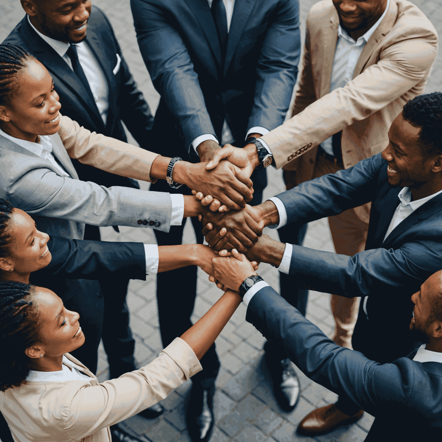 A diverse group of South African businesspeople shaking hands, representing the importance of cultural awareness in business partnerships