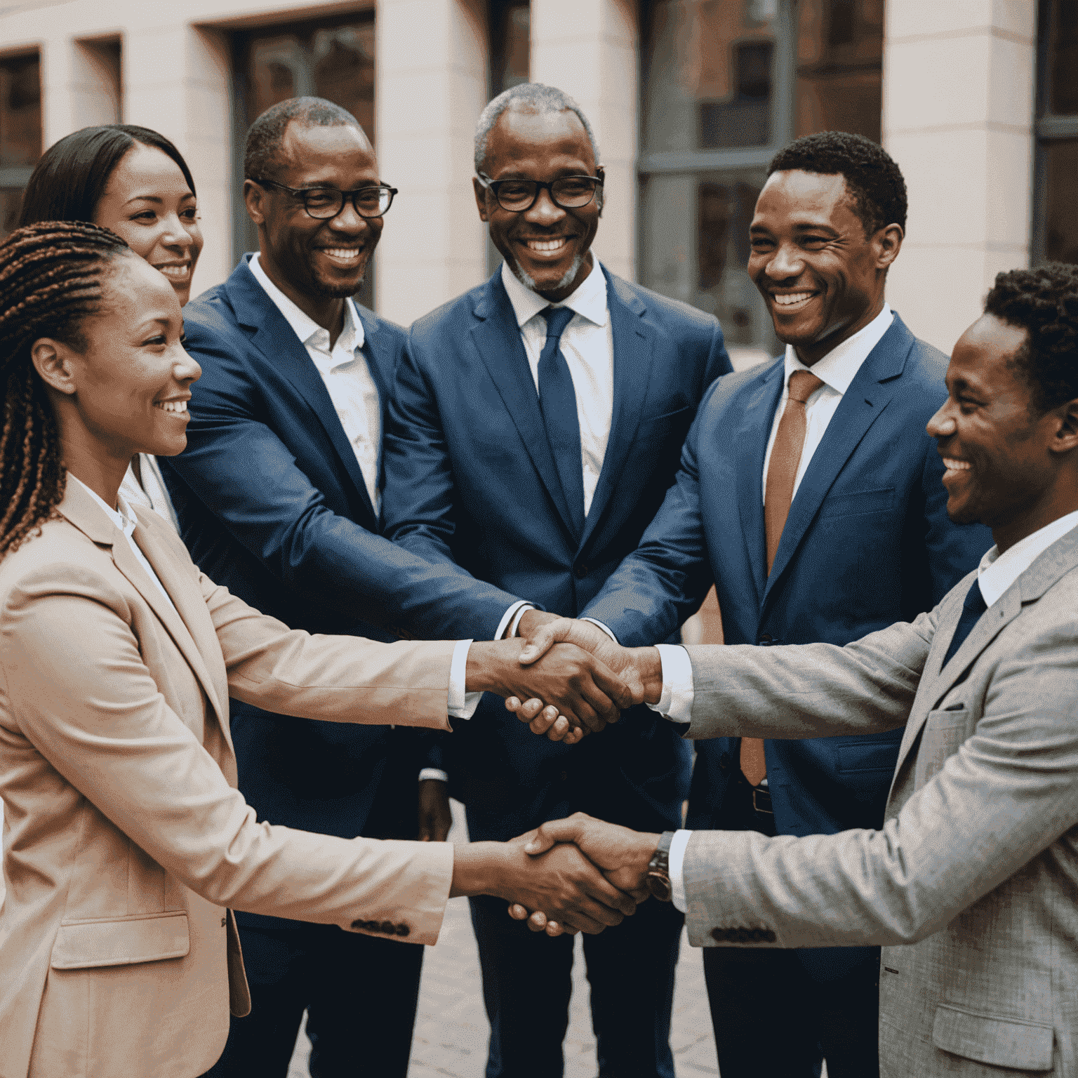 A diverse group of South African business professionals shaking hands, symbolizing successful partnerships and cultural understanding