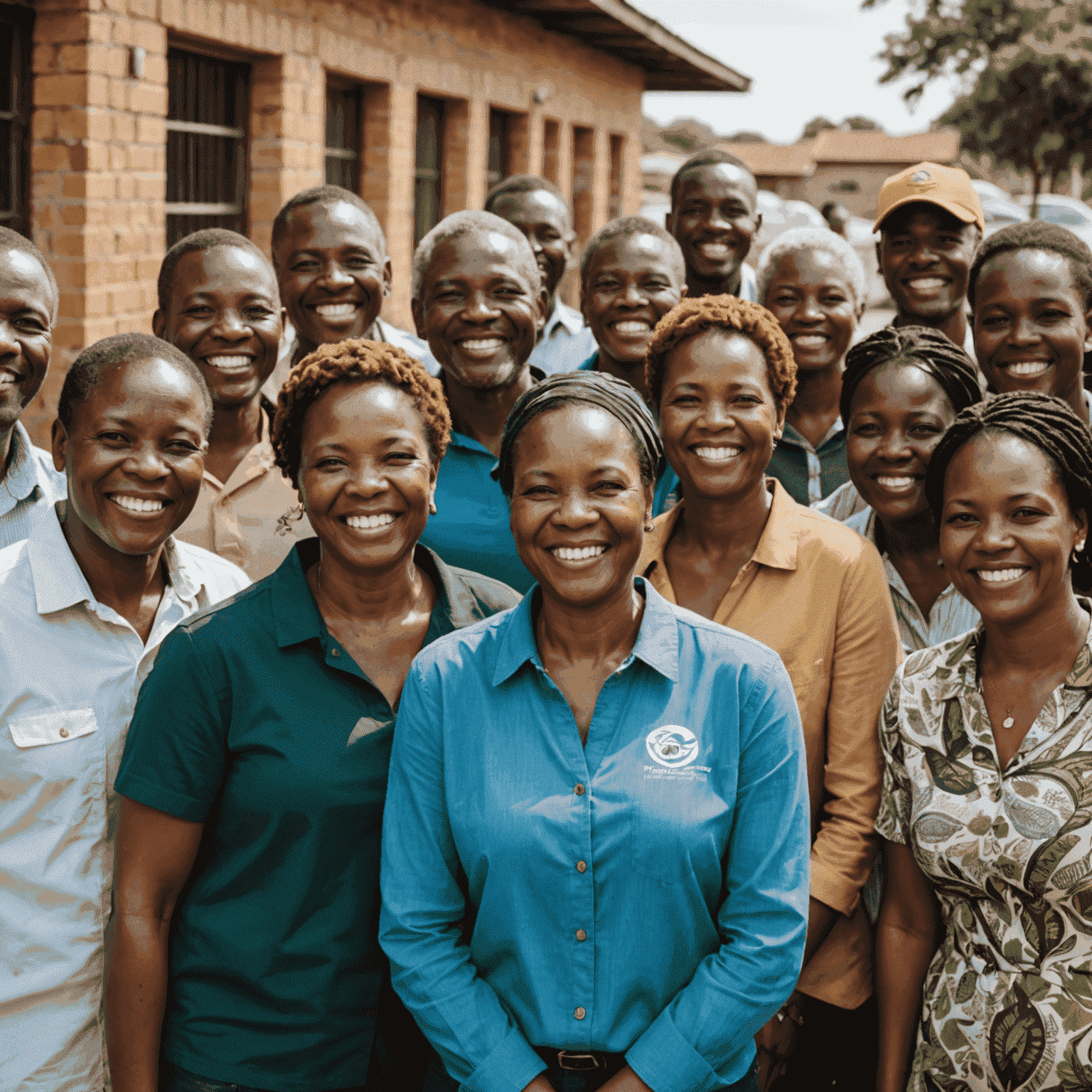 A group of smiling South African community members gathered together, representing the success of a local sustainable development initiative. The image showcases the positive impact of businesses collaborating with communities to drive positive change.