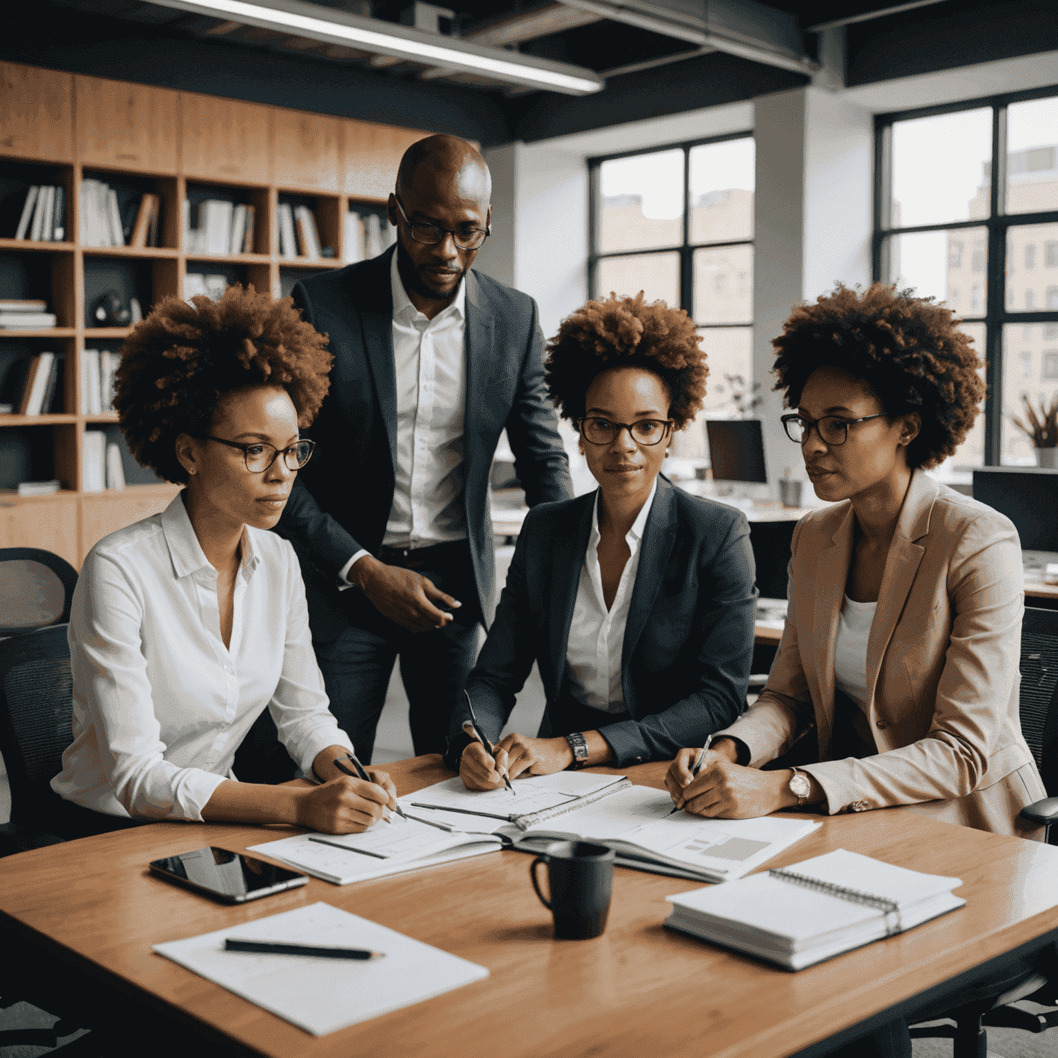 A diverse group of South African professionals collaborating in a modern office setting, representing the evolving nature of work in the country