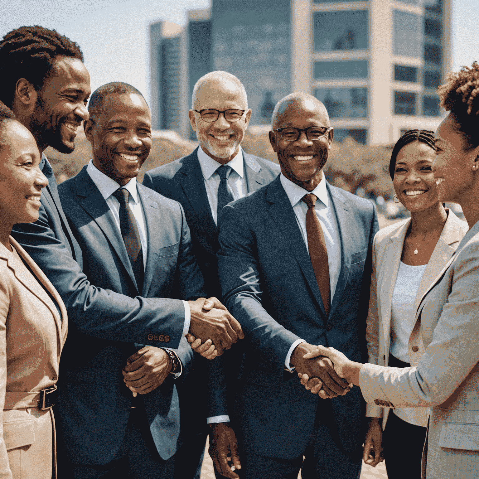 A diverse group of South African businesspeople shaking hands and smiling, representing successful partnerships built on cultural understanding and respect.