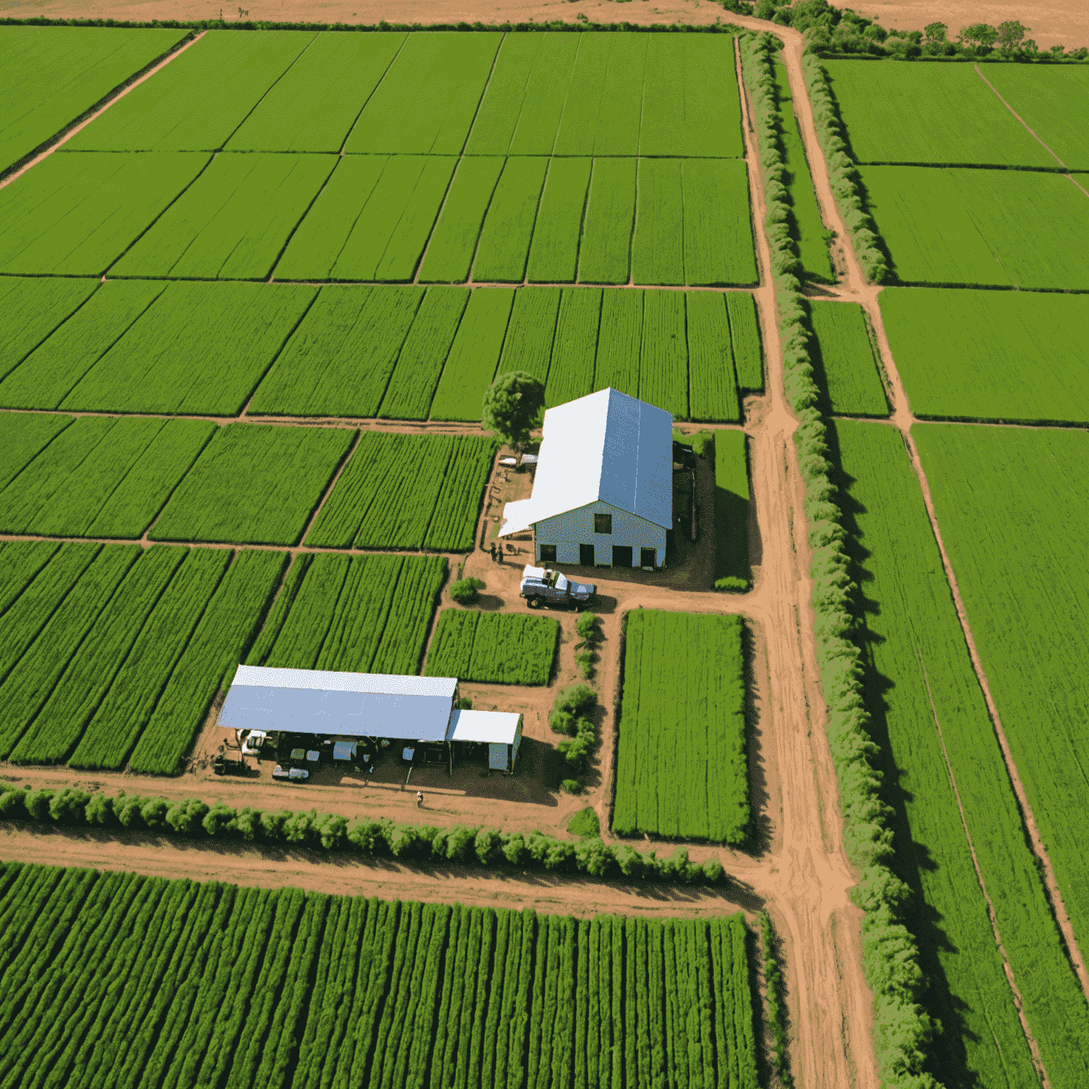 An aerial view of a thriving sustainable agriculture project in a rural South African community. The image shows lush green fields, modern irrigation systems, and a group of farmers working together, showcasing the success of the initiative.