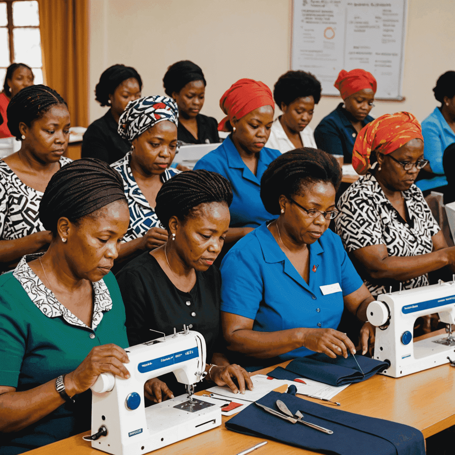 A group of confident and empowered South African women participating in a skills development workshop. The image showcases the women engaged in various activities, such as sewing, crafting, and using computers, highlighting the diverse range of skills they are acquiring through the empowerment initiative.