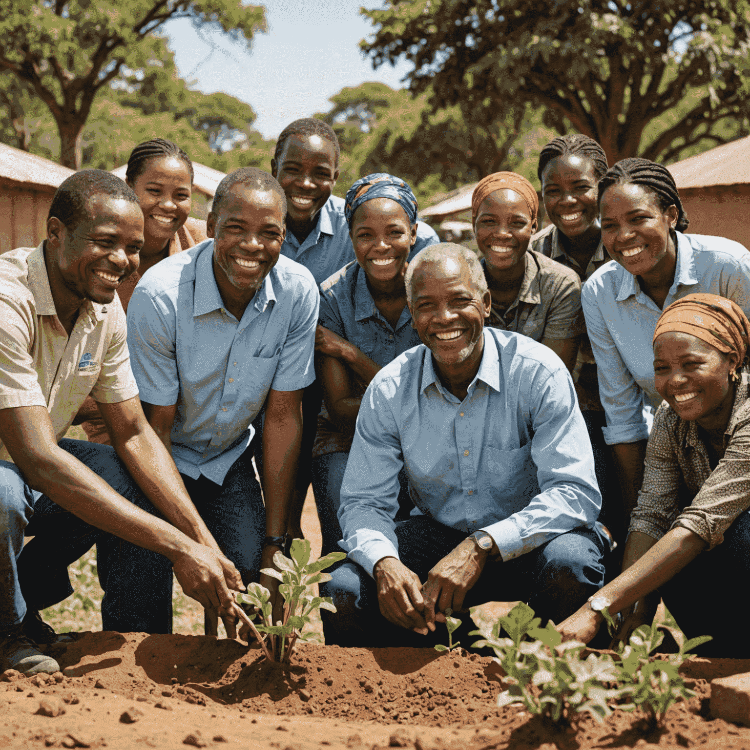 A group of smiling South African community members working together on a sustainable development project, showcasing the positive impact of business initiatives.